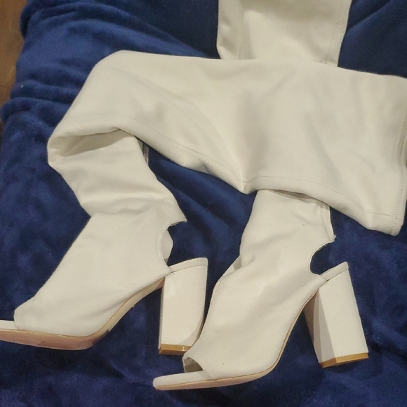 RAYE Cream Thigh High Over-the-Knee Peep Toe Open Heel Back Zip Boots - Picture 6 of 12